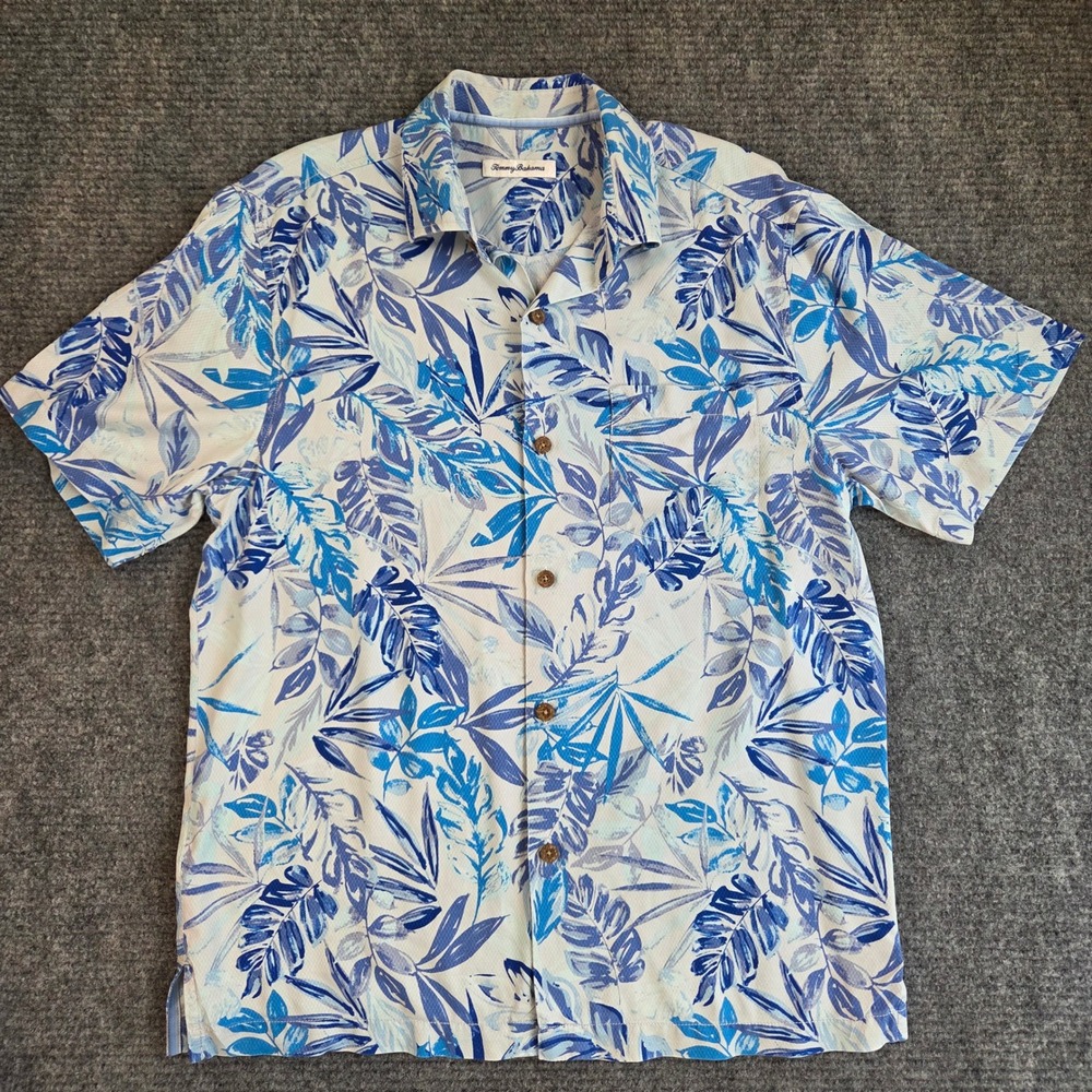 Tommy Bahama Mens Medium Blue White Tropical Leaf Print 100% Silk Camp Shirt